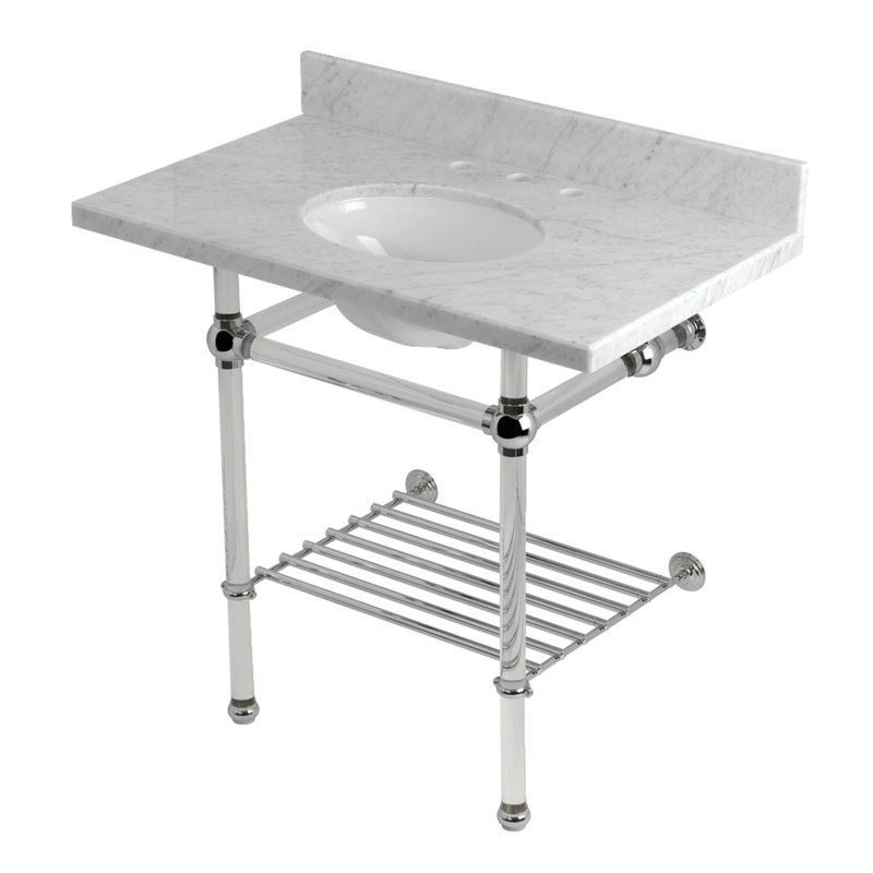 Kingston Brass Templeton 36-Inch Carrara Marble Console Sink with Acrylic Legs and Shelf (8-Inch, 3-Hole)
