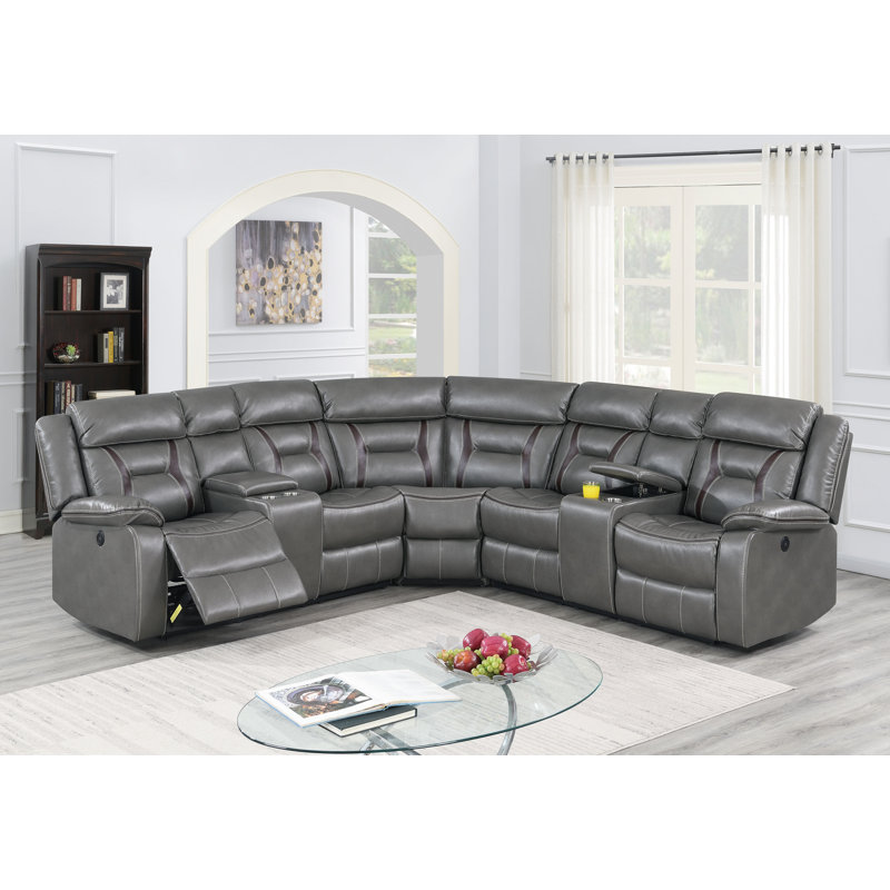 Mancheer Faux Leather Reclining L-Shaped Sectional Symmetrical, Gray Faux Leather