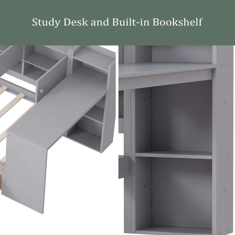 Lit de jour avec 3 armoires de rangement et 2 tiroirs, structure en L en bois avec bureau d'étude et bibliothèque intégrée, lit multifonctionnel pour chambre d'amis