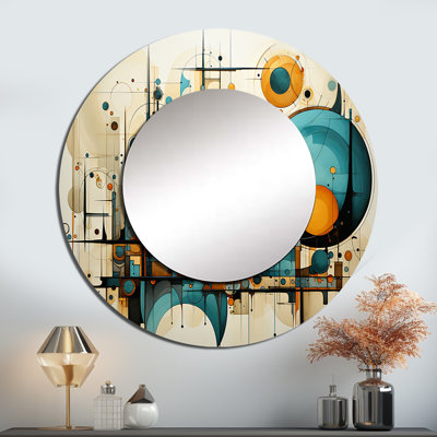 «Quetcy» sarcelle jaune abstrait fractal Collages Melody I - miroir mural unique Fractals, miroir rond bleu sarcelle, impression sur métal