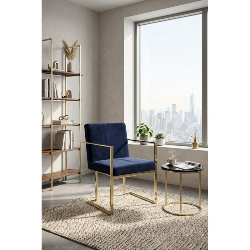     Pangea Home Dexter Upholstered Modern Velvet Arm/Dining Chairs – Indoor Arm Chairs with Gold or Silver Steel Legs- Dining Room, Bedroom, Living Room Chair - Navy Velvet with Gold Legs