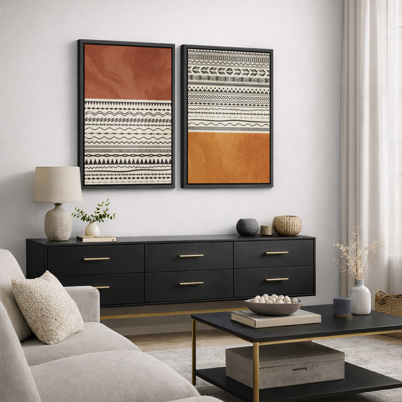 «Geometric Line», «Orange brun Tribal Boho Artwork», images murales bohémiennes abstraites, impression sur toile encadrée, 2 pièces