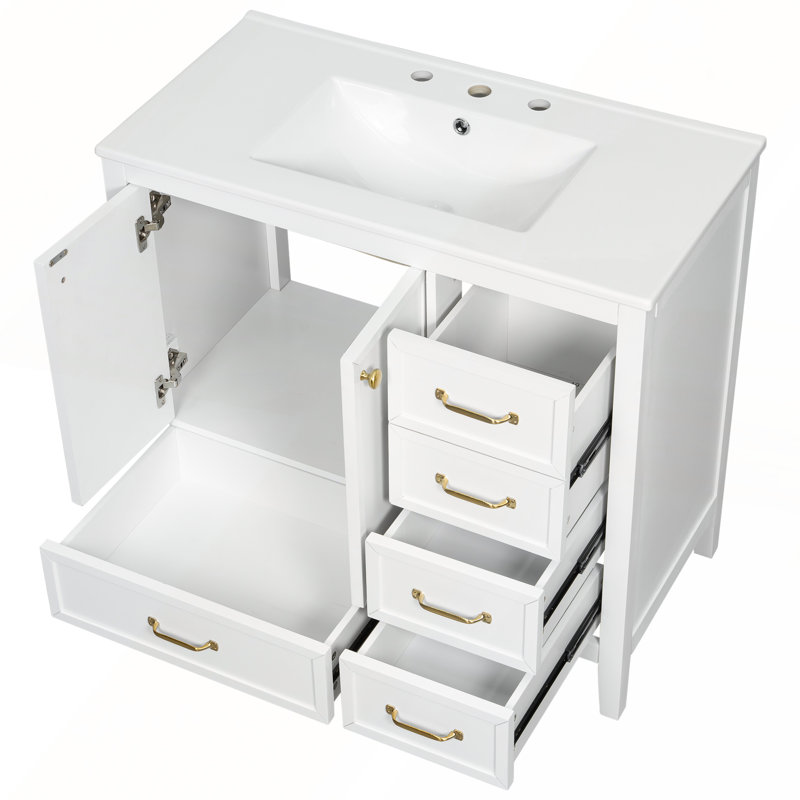 Meuble-lavabo 36 po avec lavabo, portes à fermeture douce, 4 tiroirs, structure en bois massif, finition blanche pour des salles de bain élégantes et pratiques