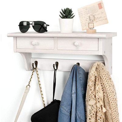 Coat Hooks Wall Mounted, Rustic Wood Coat Rack Wall Mount Shelf With Hooks, Farmhouse Wall Coat Rack With Shelf & Coat Hook(white)