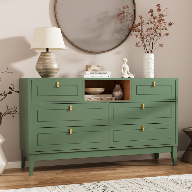 Commode 6 tiroirs l 47,2 po avec tablette ouverte et poignées en cuir véritable vert sauge, Vert