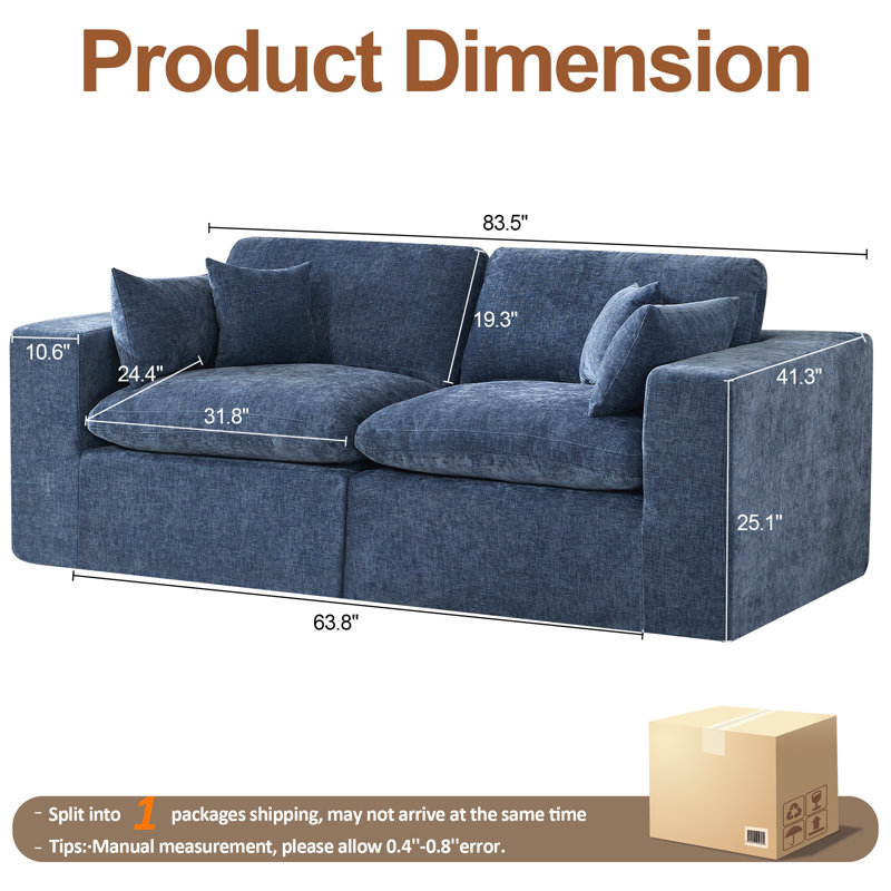 Canapé en chenille, H 25,1 po x l 83,5 po x P 41,3 po, Bleu