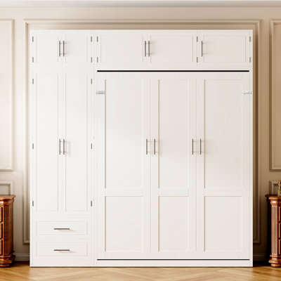 Grand lit mural avec armoire supérieure, tablettes, garde-robe et tiroirs - pliable pour économiser de l'espace en blanc, idéal pour les petits appartements, avec des lattes flexibles, des tiroirs de sommeil confortables, des espaces de vie