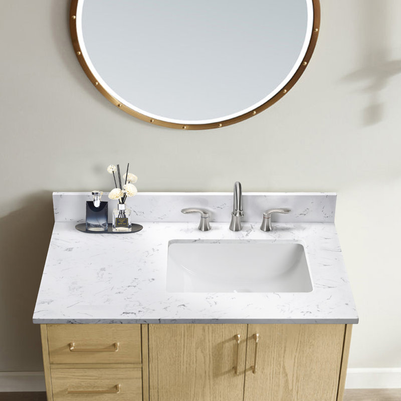 Plateau de meuble-lavabo simple 36,02 po en blanc avec lavabo, Droite