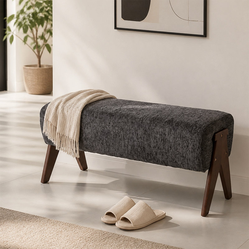 Banc décoratif moderne en tissu Sherwin, tabouret de hall d'entrée ergonomique rembourré, avec des pieds en bois massif, convient aux couloirs, aux chambres et aux salons.