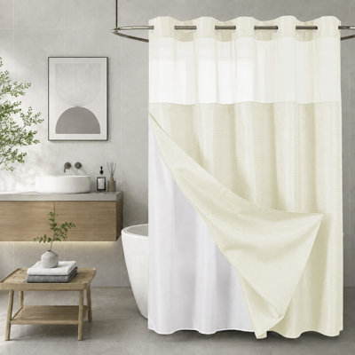 Rideau de douche ivoire sans crochet gaufré avec doublure, 72 po x 75 po, doublure en tissu à encliquetage, fenêtre supérieure en filet, tissu gaufré robuste, rideau de douche imperméable de style hôtel pour salle de bain