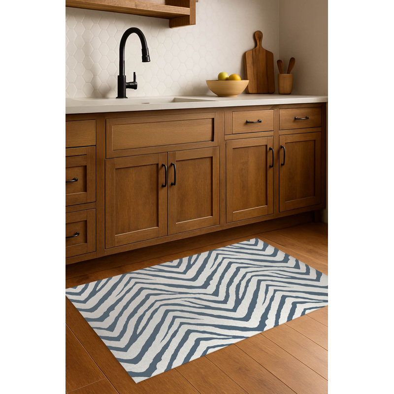 Zebra Stripe Lightweight Non-Slip Kitchen Mat, Blue, Rectangle 2' x 3'