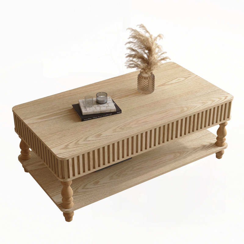 Table basse à plateau relevable avec cadre de rangement en bois massif, 47.24", Bois naturel