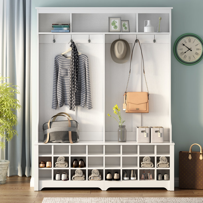  Portemanteau moderne de 60 po de largeur avec banc de rangement, portemanteau d'entrée avec crochets noirs et 24 casiers à chaussures pour le couloir ou le vestibule, blanc