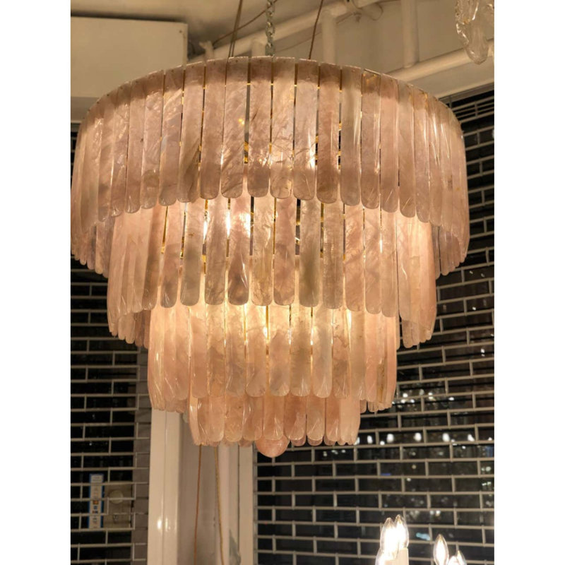 Lustre en cristal de roche rose clair, Bronze, H 20 po x l 22 po x P 22 po, Pierre naturelle noire