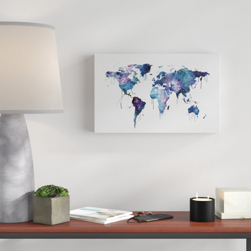 «Watercolor Map of the World Map» par Michael Tompsett, reproduction d'art graphique sur toile, H 12 po x l 19 po x P 2 po