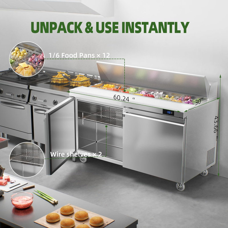 60'' W Commercial Refrigerator Sandwich Salad Prep Table, 2 Door Sandwich Fridge with 16 GN 1/6 Pans