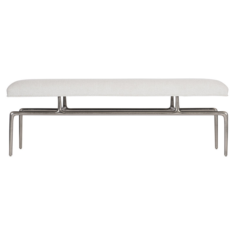 White Upholstered Oak and Nickel Transitional Bench