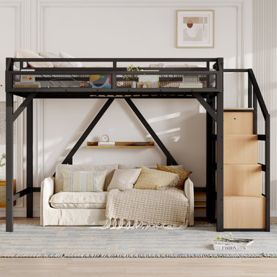 Twin XL Metal Loft Bed with Storage Stairs, Built-in Wardrobe, Shelves, USB Ports, and LED Lights, Natural Wood