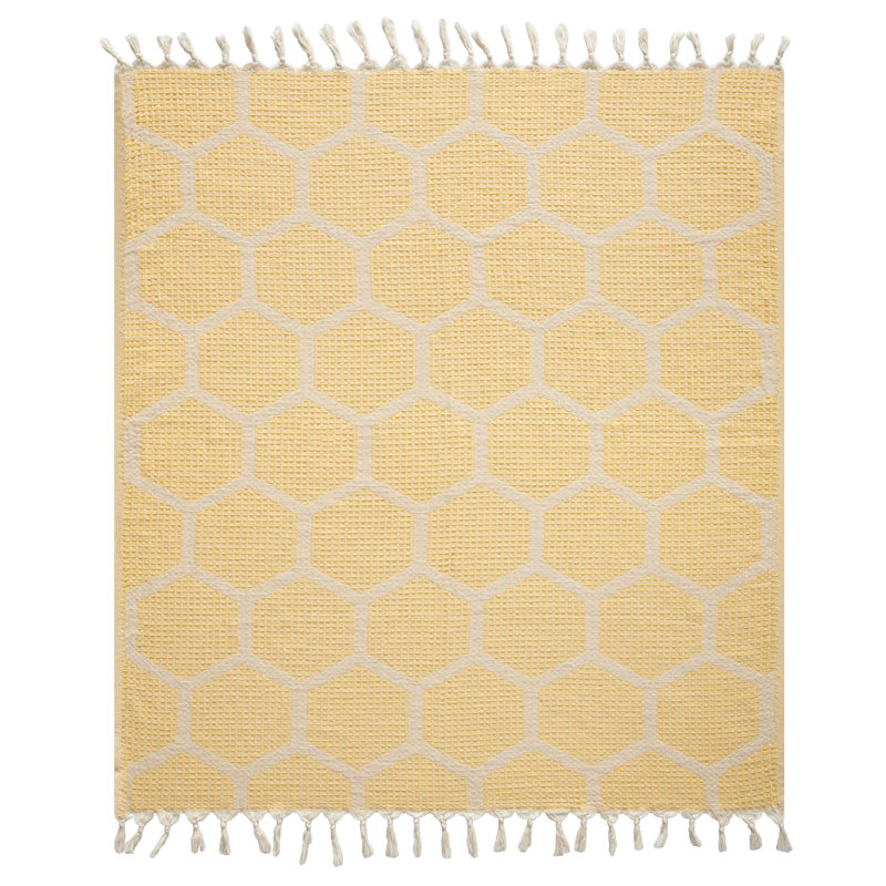 Yellow Honeycomb Pattern Turkish Cotton Throw Blanket with Tassels