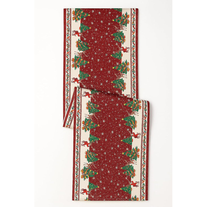 Burgundy Christmas Tree & Deer Festive Table Runner 13" X 72", Burgundy