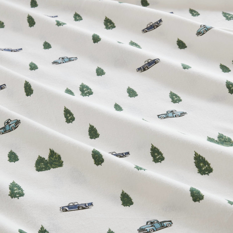 Drap de 4 pièces, chambre de la reine, conception arbres et camions, flanelle 100% coton, doux, lavable à la machine