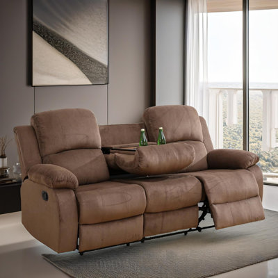 Monarch Chocolate Brown Pineapple Velvet Manual Reclining Living Room Sofa  With Flip-Down Table And Cup Holders