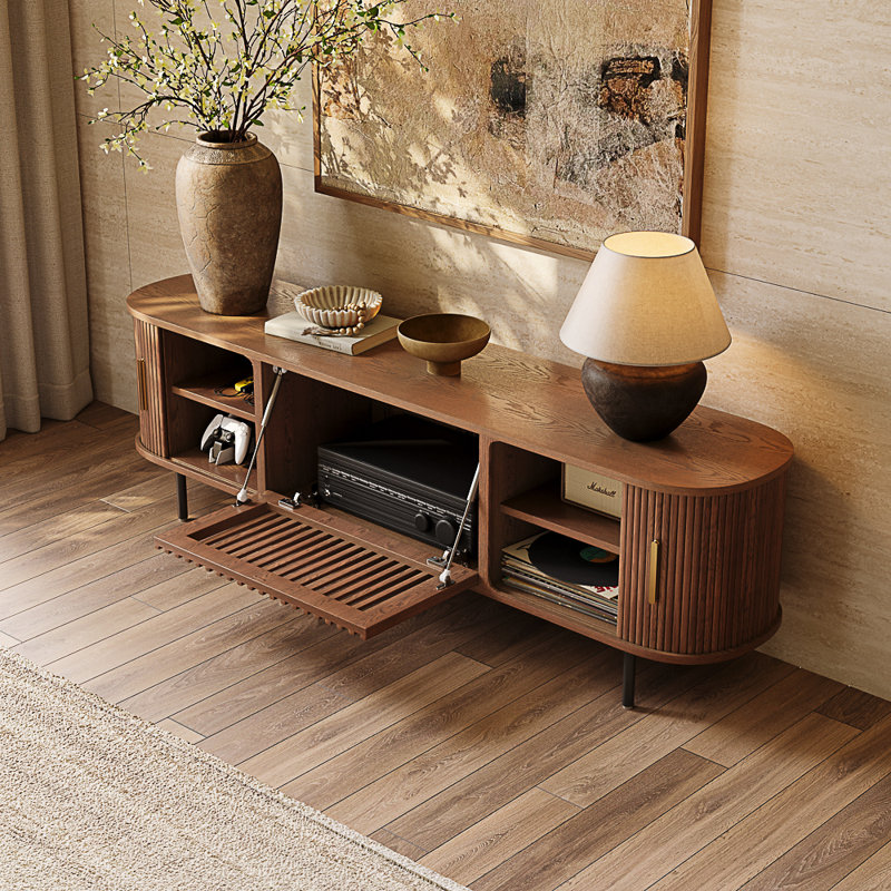 71" Solid Wood Tambour Door TV Stand, Red Oak & Rubberwood, Ash Rolling Door Media Console With Ventilated Slatted Design For AV Equipment