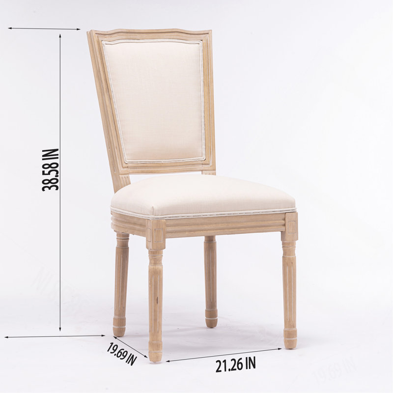 Chaise de salle à manger style français à structure carrée en bois massif avec dossier en lin, ensemble de 2