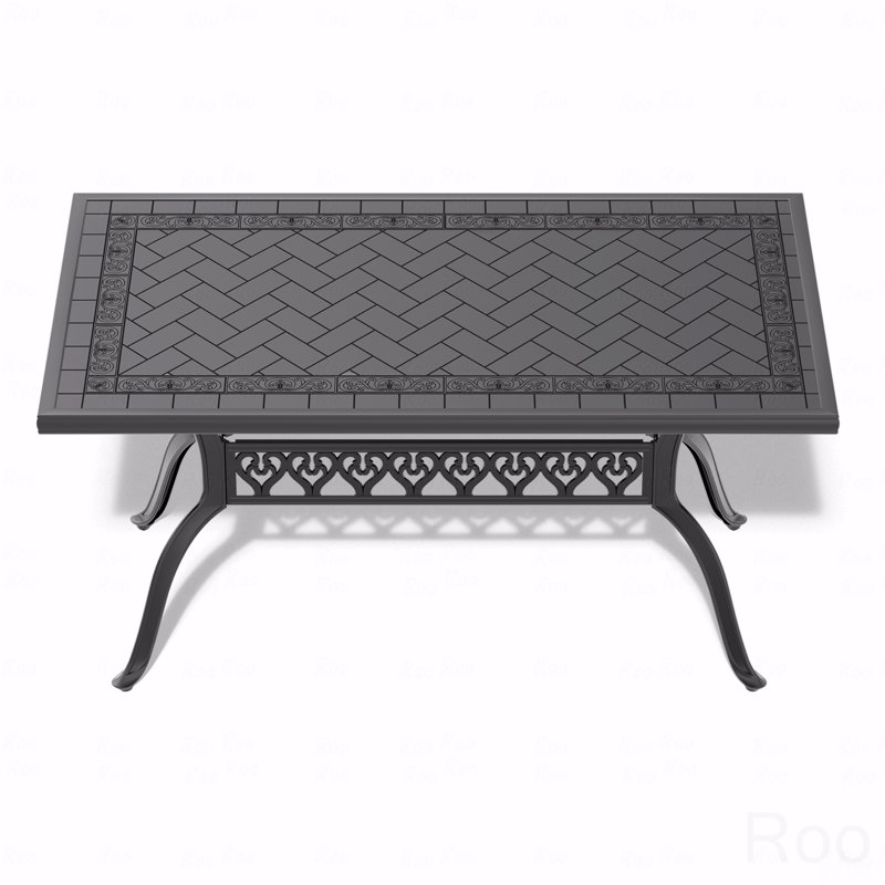 Cast Aluminum Patio Dining Table, With Black Frame And Carved Texture On The Tabletop