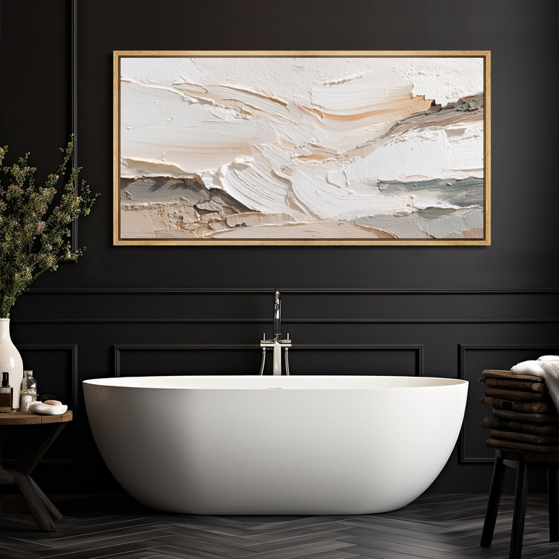 Neutral Cream and White Abstract Wall Art - Large Framed Canvas Master Bedroom Wall Art Print, 30" H x 60" W, Natural