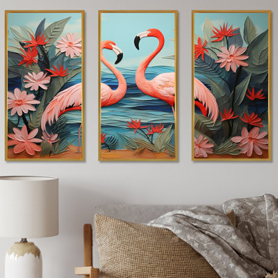 Flamant tropical dansant en rose et vert I - Art mural animal flamant rose