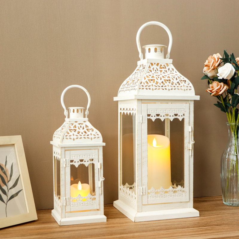  Set of 2 Decorative Candle Lanterns Vintage Hanging Lantern, White