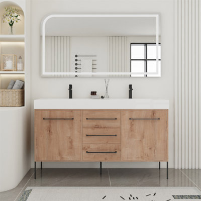 Meuble-lavabo autoportant de 60 po avec lavabo double en résine blanche, 2 portes d'armoire à fermeture en douceur et 3 tiroirs