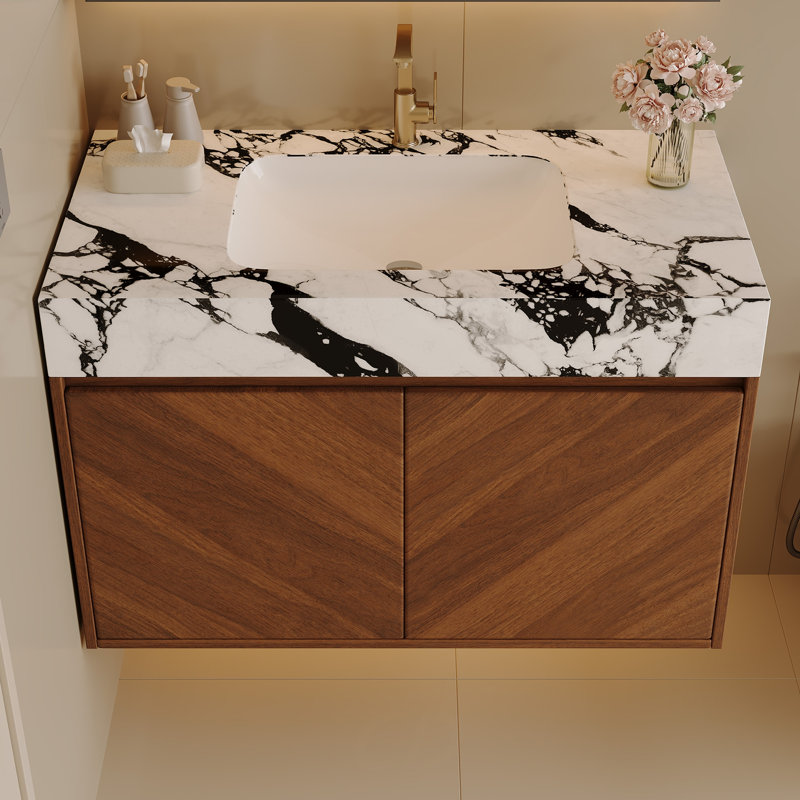Freestanding Standard With Stone Top, Walnut, Multicolor