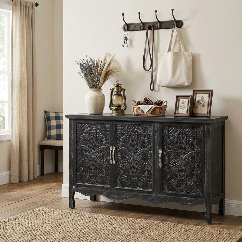 Irim Solid Wood Vintage Vibe Accent Cabinet, Distressed Black