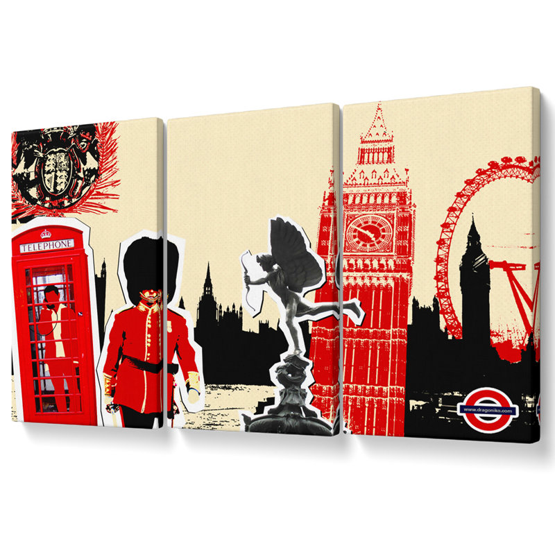 London Collage Canvas 3 Panel Set, 121.9cm H x 243.8cm W