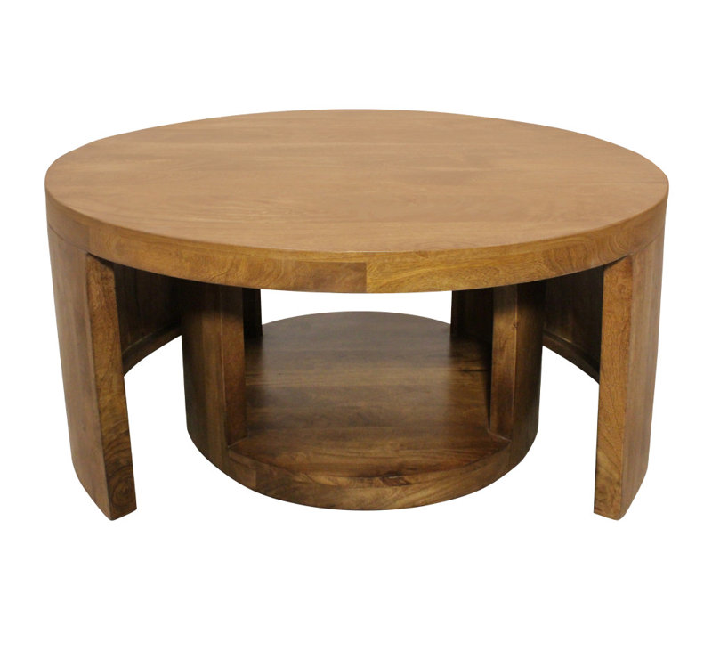 Set of Two Walnut Solid Wood Round Distressed Solid Nested Coffee Tables