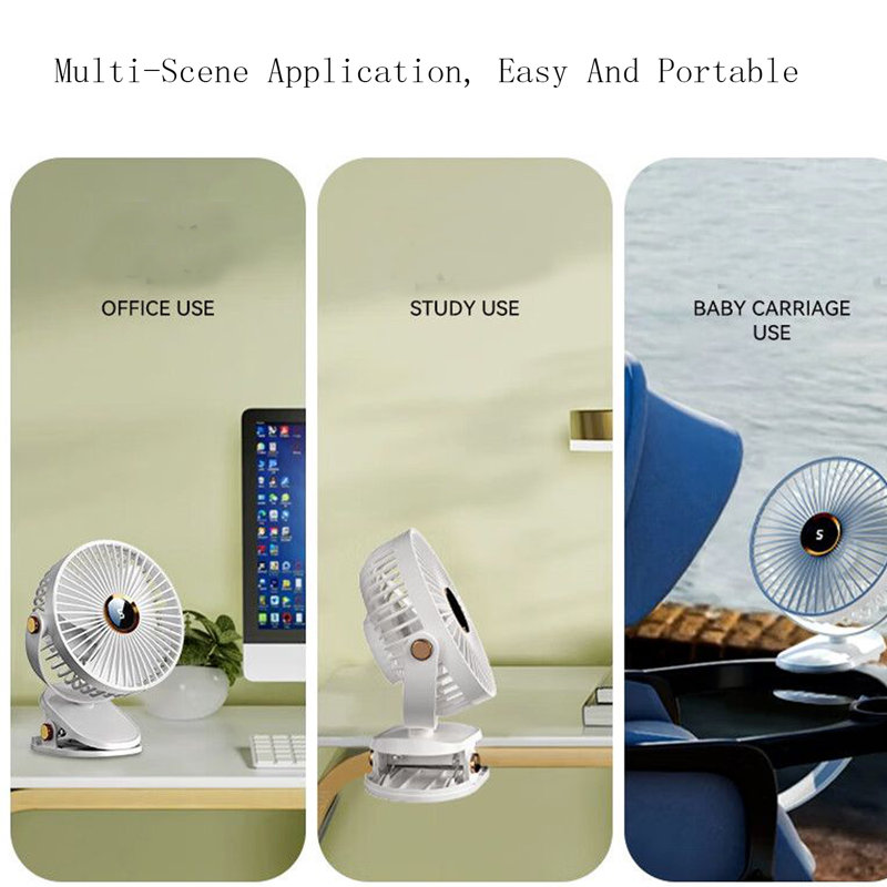 Ventilateur portatif à pince avec lumières DEL, ventilateur de bureau USB à piles, mini ventilateur de table rechargeable à 5 vitesses