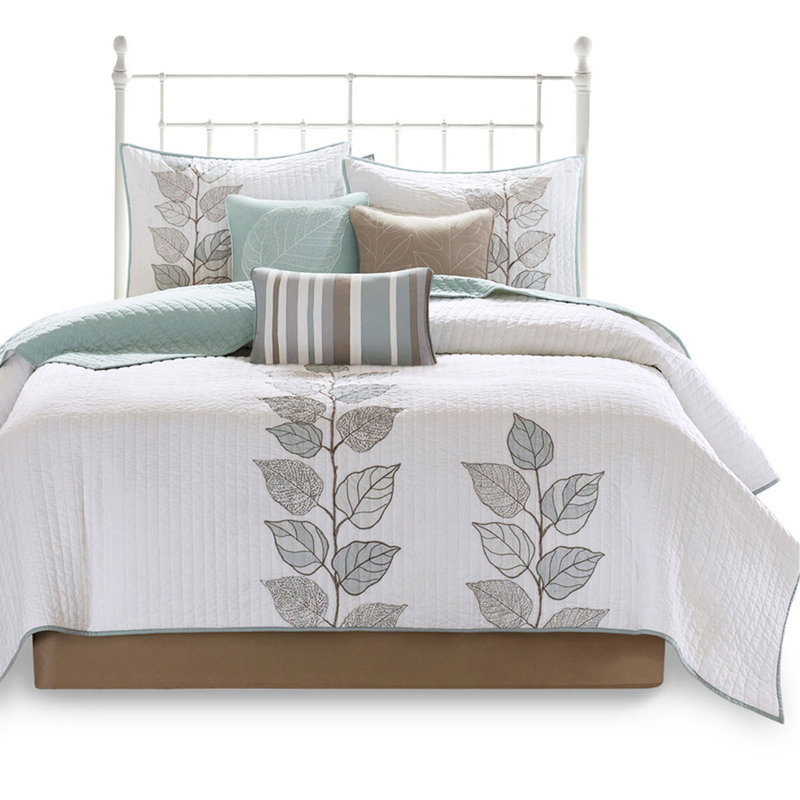 Courtepointe brodée 6 pièces très grand / très grand, microfibre bleue et blanche, réversible avec doux, broderie classique de feuille blanche, microfibre réversible, dos, captivation