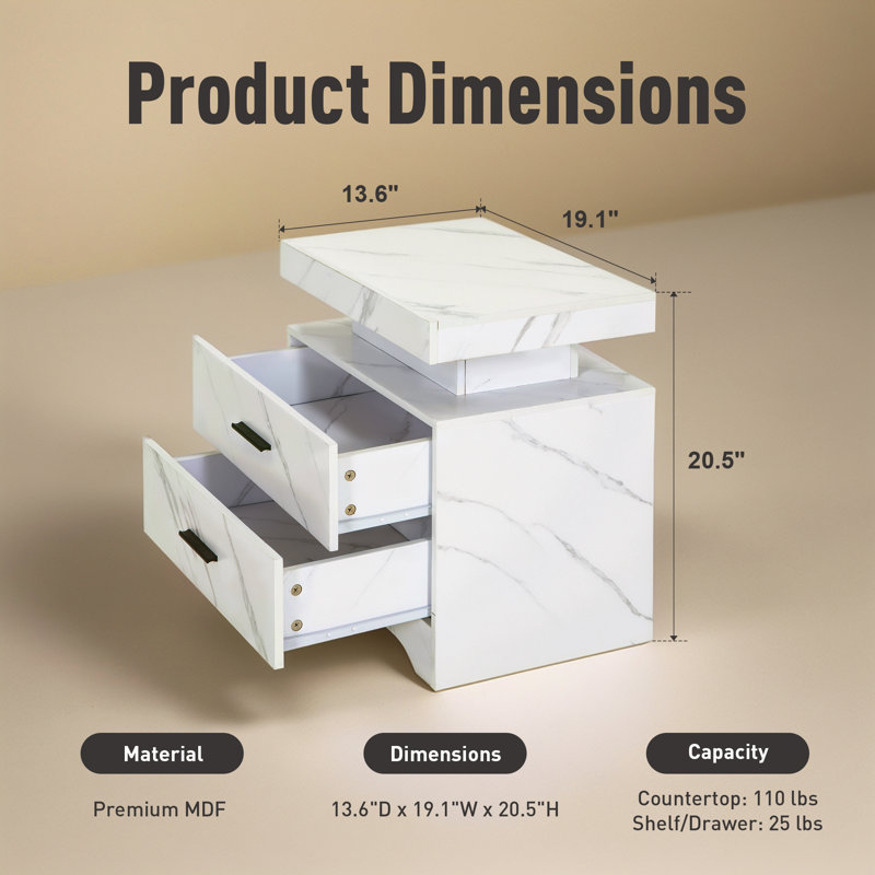 Khuram 2 - Drawer End Table Set with Colorful LED Light and USB Power Ports