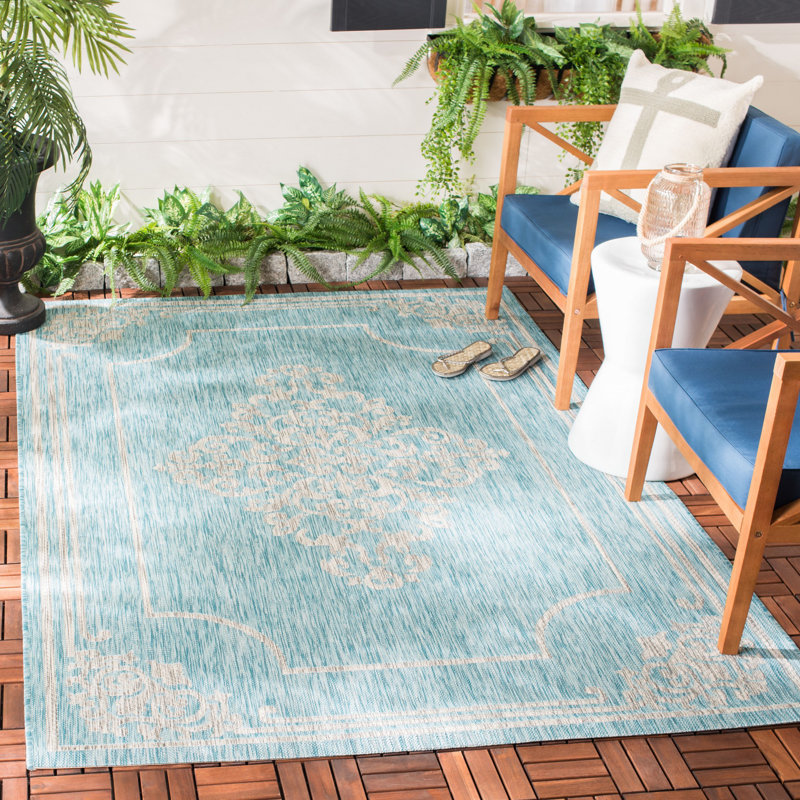 Tapis intérieur / extérieur beige / turquoise Arneshia, Rectangle 8 pi x 11 pi