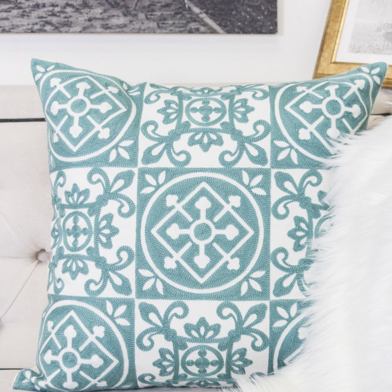 Floral Cotton Throw Pillow, Teal