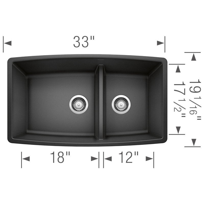 Performa SILGRANIT 33" 60/40 Double Bowl Undermount Kitchen Sink with Low Divide, Anthracite
