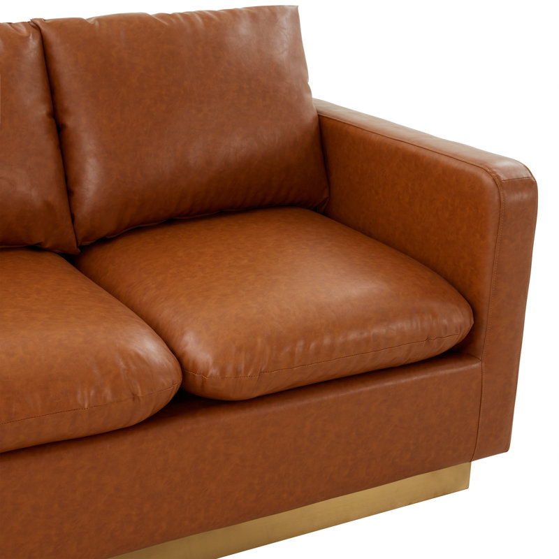 Berengarius Leather Loveseat with Gold Stainless Steel Base, Cognac Tan Faux Leather