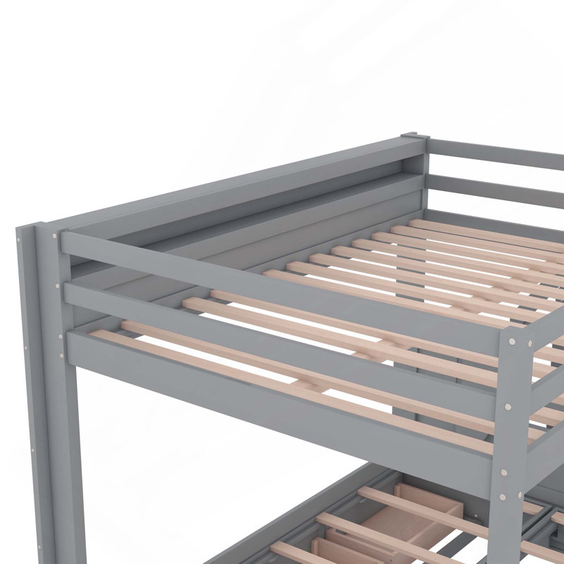 Lit superposé convertible en bois pleine grandeur avec escalier de rangement, table de chevet et 3 tiroirs, Gris