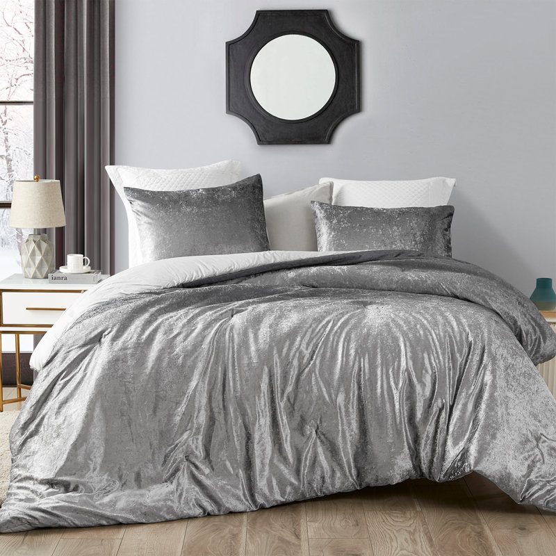 Twin XL Light Gray Velvet Reversible Comforter with Cotton Backing