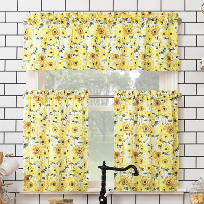 Sunflower Print Semi-Sheer Rod Pocket Kitchen Curtain