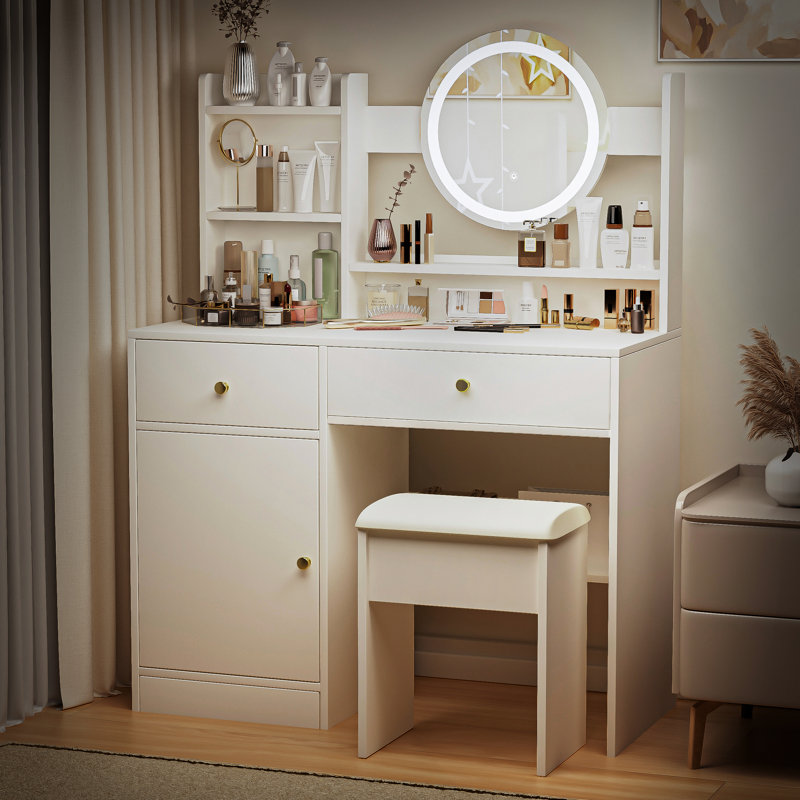 Meuble-lavabo de chambre à coucher avec miroir et lumières, 3 options d'éclairage, plusieurs tablettes de rangement pour miroir de bureau, luminosité réglable,
