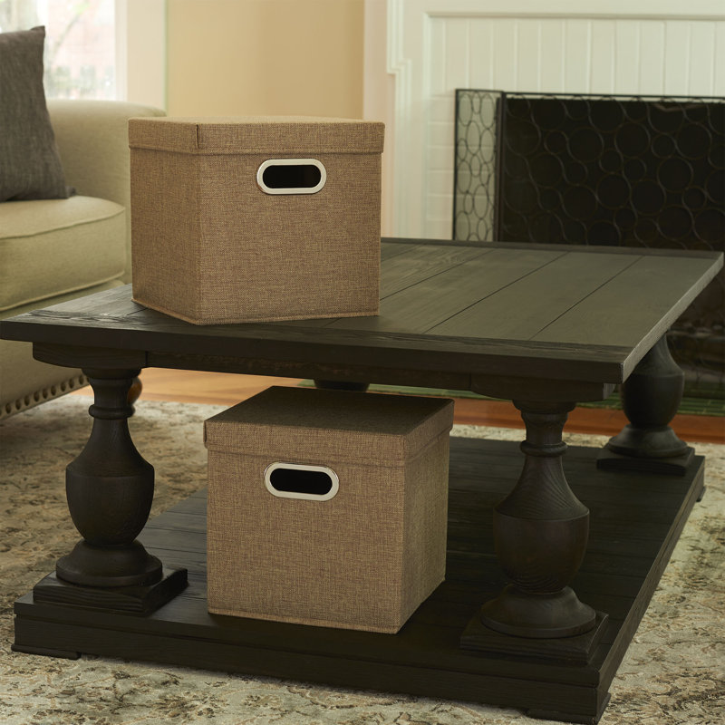 Set of 2 Beige Linen Fabric Collapsible Storage Cubes with Lids