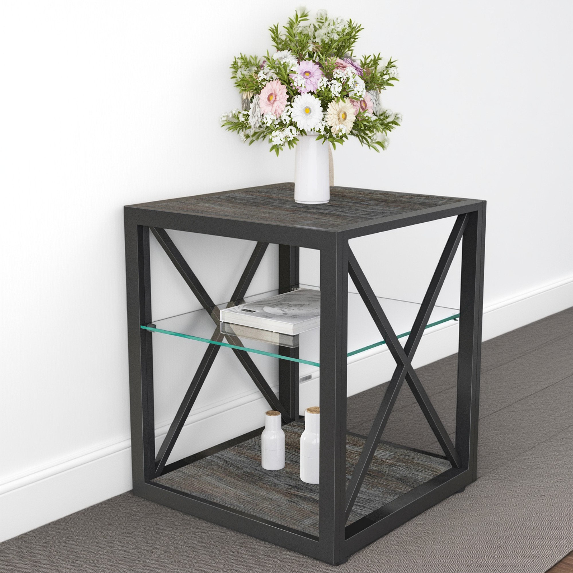 Ivy Bronx Modern metal-framed side table with glass partition - Wayfair ...